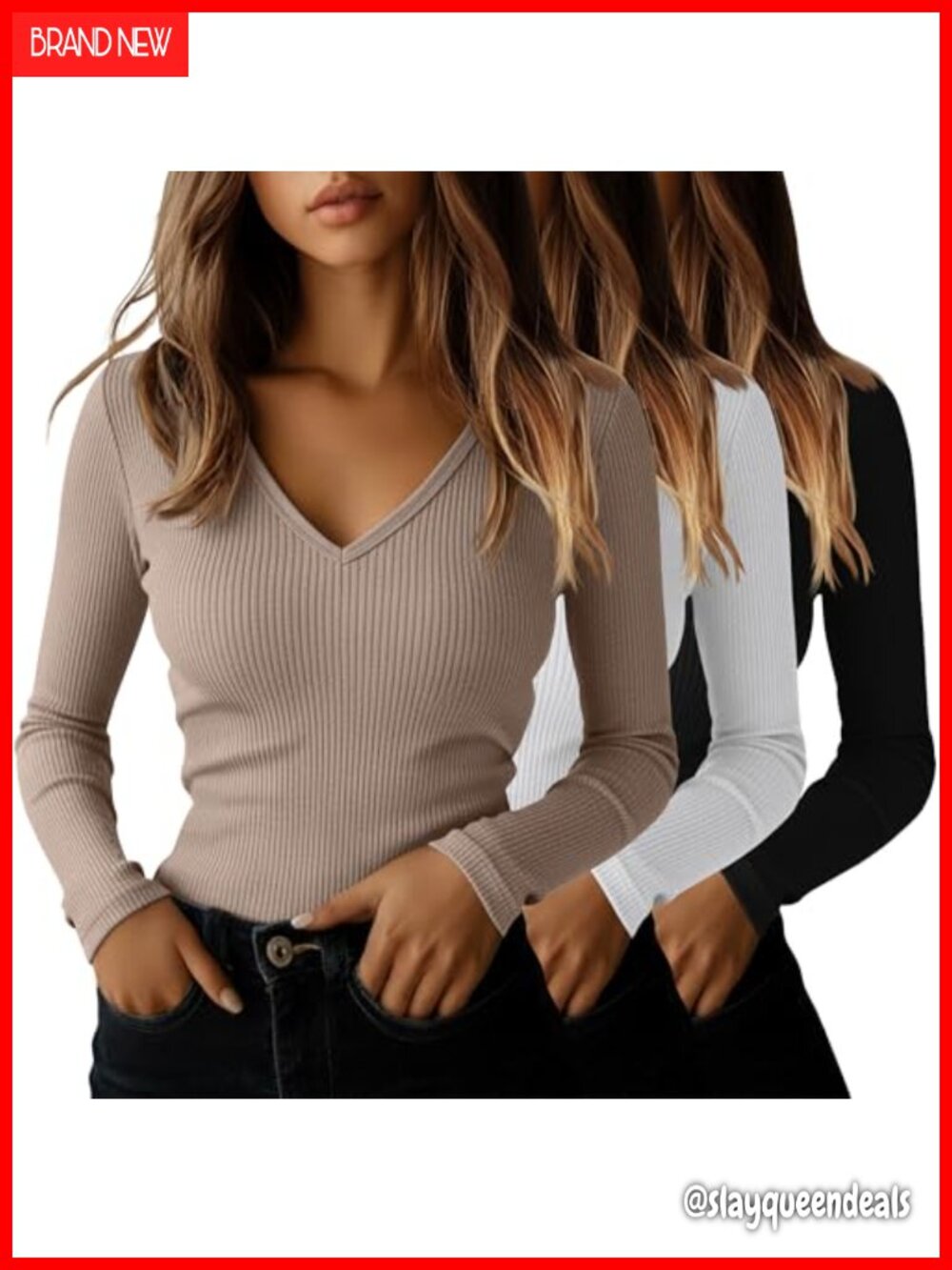 3 Pack Womens Ribbed Long Sleeve V Neck Cotton T Shirt Slim Fit Top